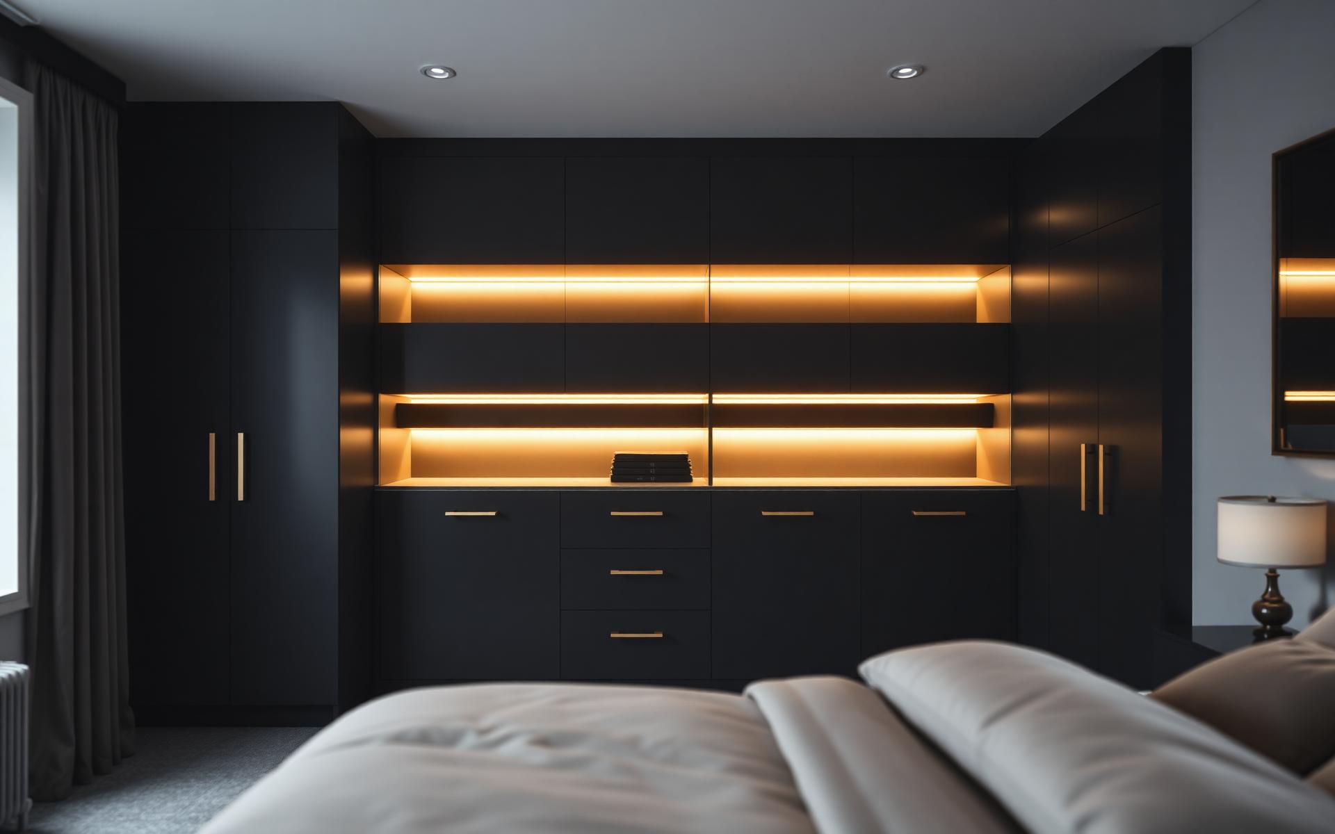 Bespoke floor-to-ceiling fitted furniture in a warm master bedroom
