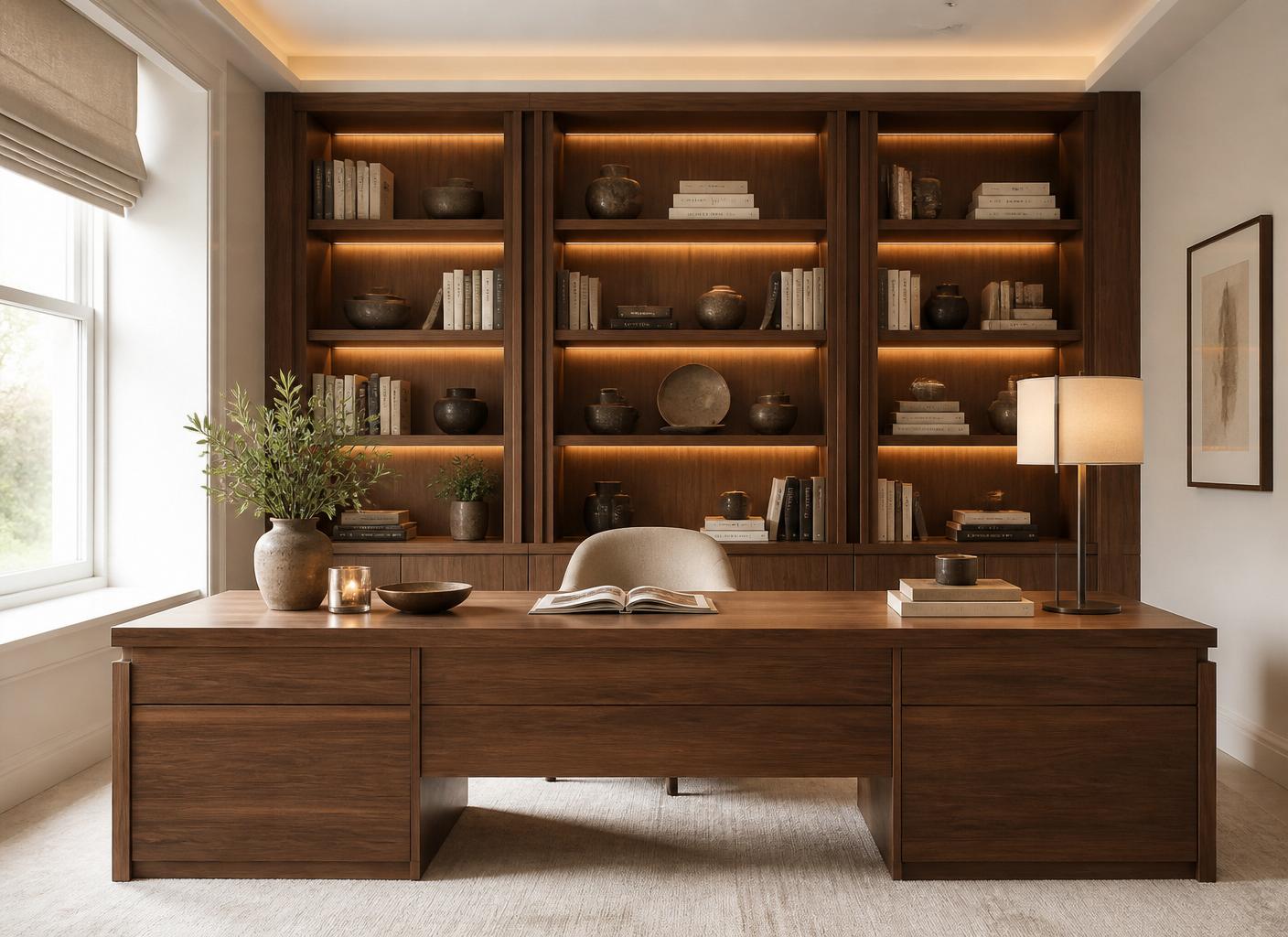 Walnut fitted home office with integrated shelving